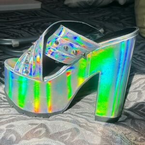 Demonia Silver Holographic Platform Sandals